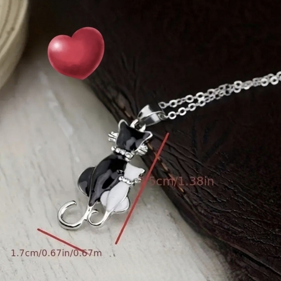 Bonded cats necklace & earrings set, silver tone with enamel & rhinestones - Picture 7 of 8